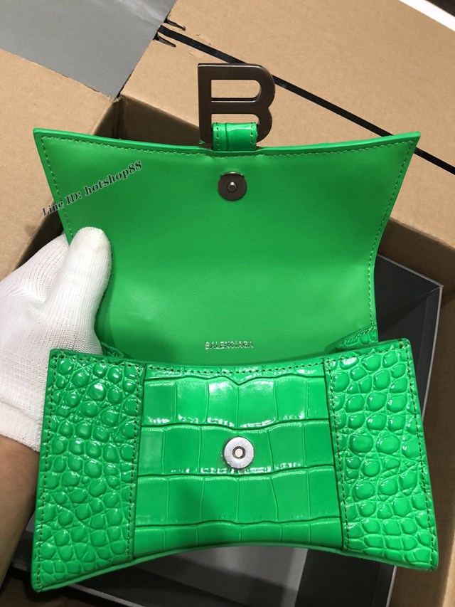 Balenciaga專櫃爆款小號手提女包 巴黎世家鱷魚鮮綠色銀扣Hourglass沙漏包 fyj1667